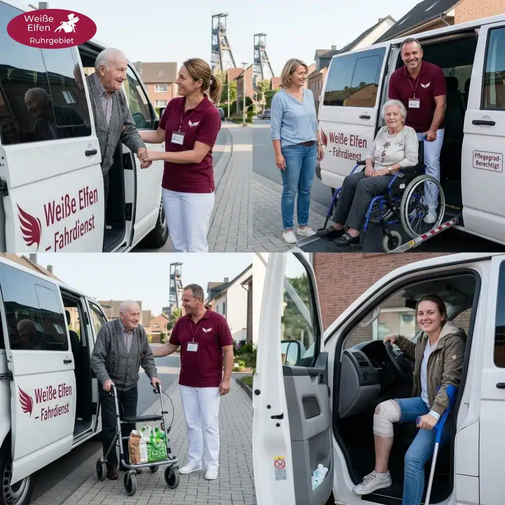 Betreuungskraft begleitet Seniorin sicher zum Weiße Elfen Fahrdienst