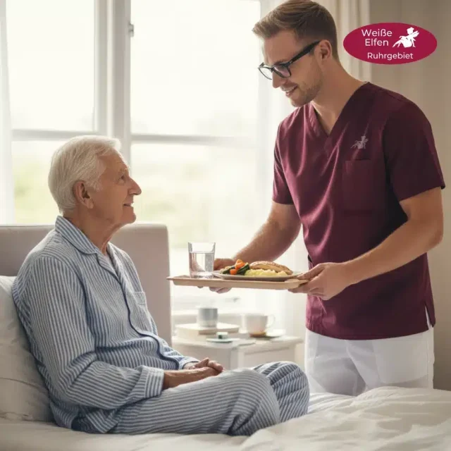 Betreuungskraft serviert Mahlzeit für Senior zu Hause